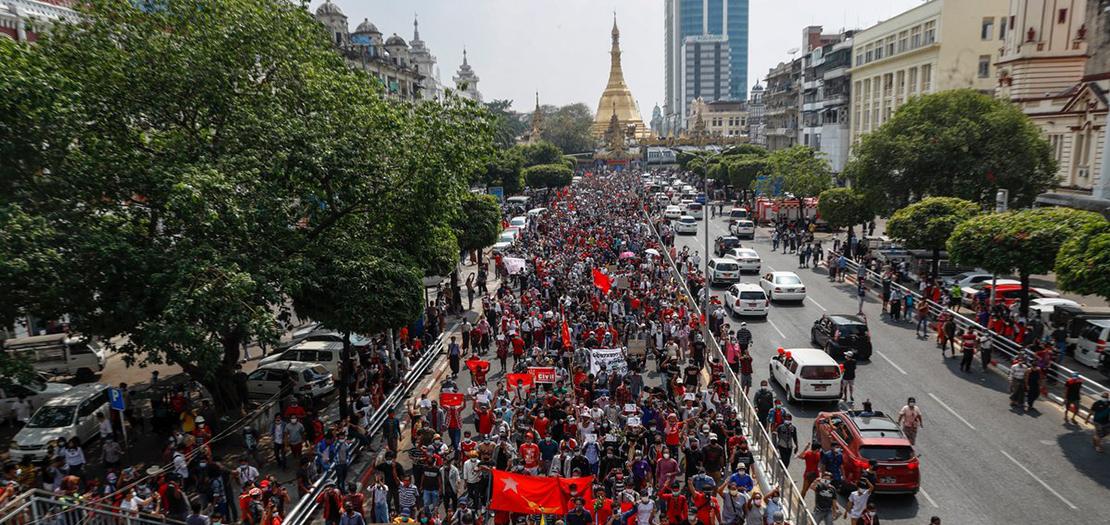 تتواصل في ميانمار المظاهرات الرافضة للانقلاب العسكري الذي وقع مطلع شباط الجاري
